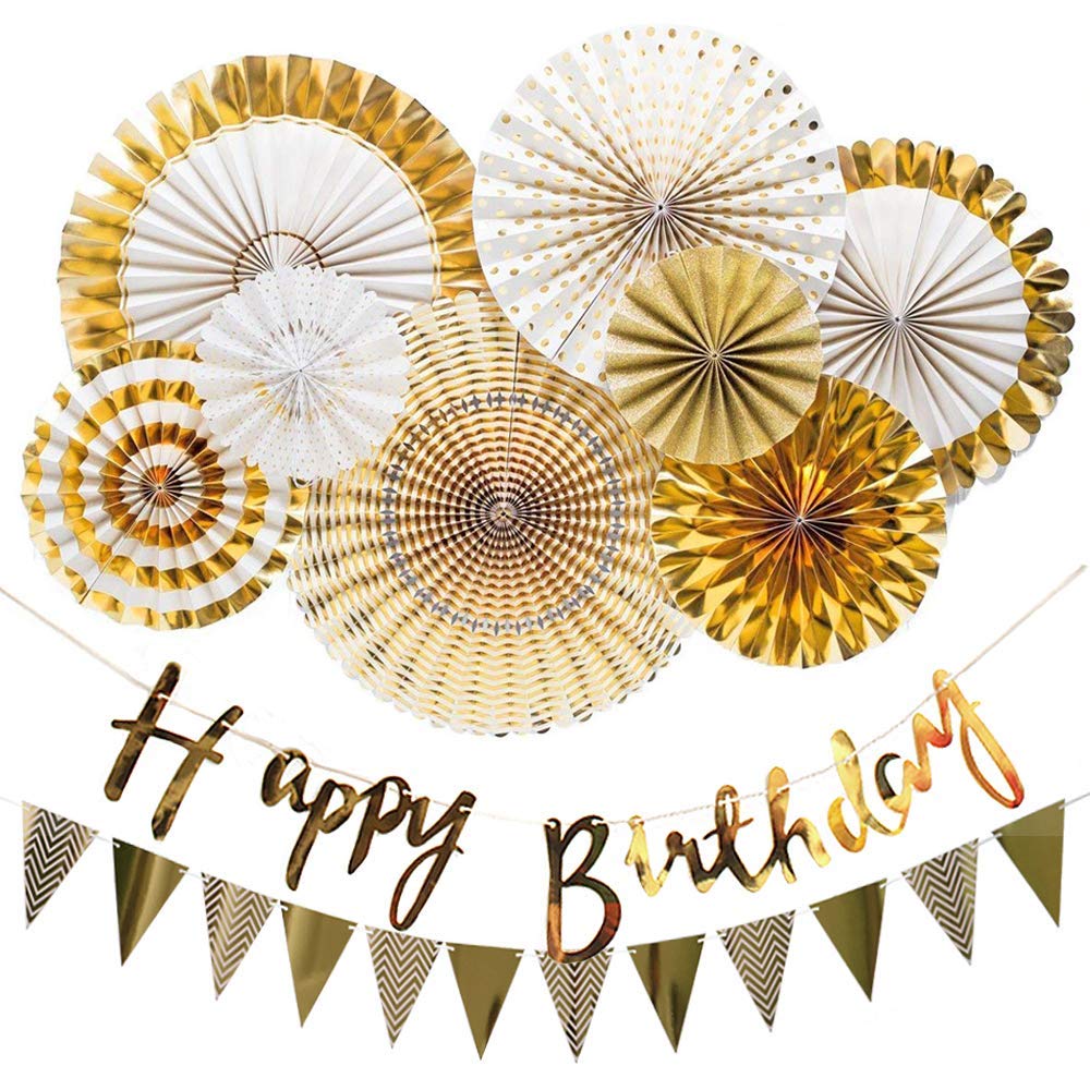 Party Propz Birthday Decoration Items For Husband,-10Pcs/ Gold Paper Fan Hanging Decorations Set with Gold Happy Birthday Banners and Pennant Banner for Bday Decorative Supplies Materials