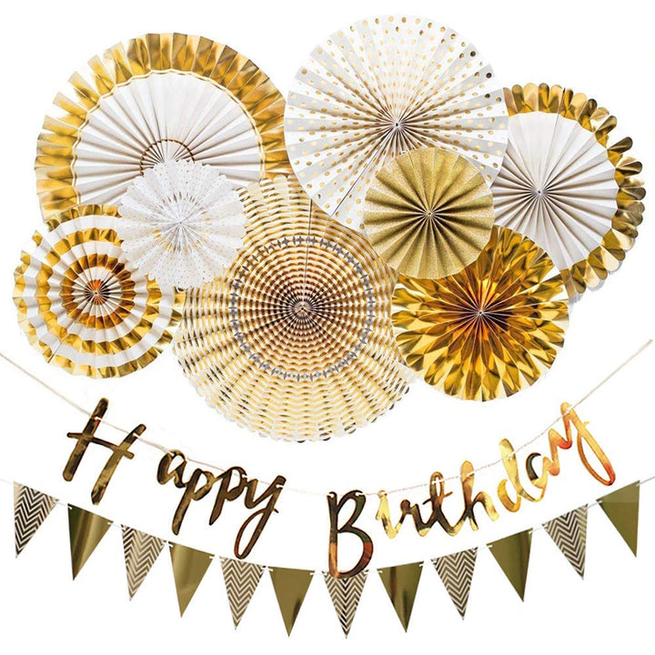 Party Propz Birthday Decoration Items For Husband,-10Pcs/ Gold Paper Fan Hanging Decorations Set with Gold Happy Birthday Banners and Pennant Banner for Bday Decorative Supplies Materials