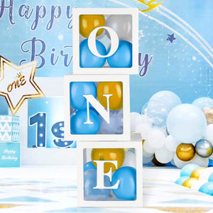 Card Stock, Latex One Box For 1St Birthday - 34 Pcs, Baby Balloon Box For 1St Birthday Decoration With Balloons|First Birthday Decorations Boy|1 Year Birthday Box,Blue