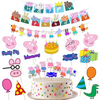 Party Propz Peppa Theme Birthday Decoration-Big 29 Pcs|Peppa Theme Birthday Decoration Items|Happy Birthday Banner(Cardstock)|Cake Toppers For Cake Decoration|Photobooth Props|Pig Characters Banner
