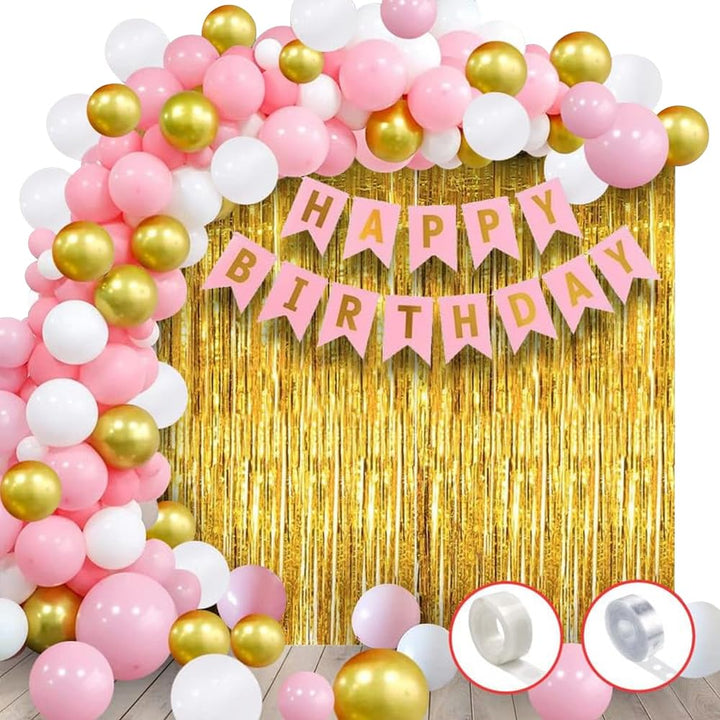 Party Propz Birthday Decoration Items For Girl-Huge 93 Pcs,Pink Birthday Decoration Items For Wife,Women|Happy Birthday Decorations For Girls,Wife|Pink,Gold,White Metallic Balloons For Decoration