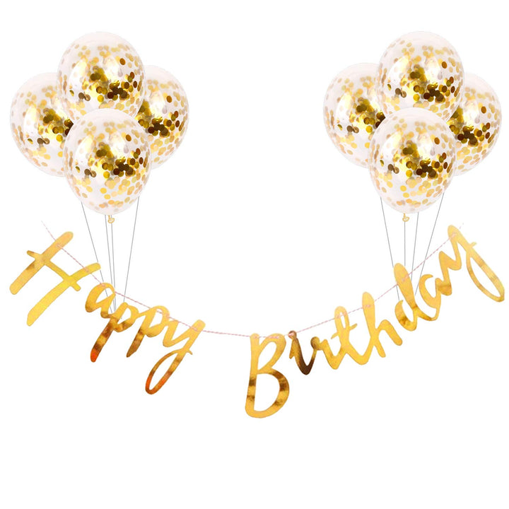 Party Propz Golden Happy Birthday Banner - 9 Pcs Birthday Decorations Kit With Golden Confetti Balloons For Decoration | Birthday Decorations Items for Wife | Birthday Decorations for Husband