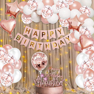 Birthday Decoration Items for Girls – 53 Pcs Rose Gold Birthday Kit with Banner, Balloons & Lights