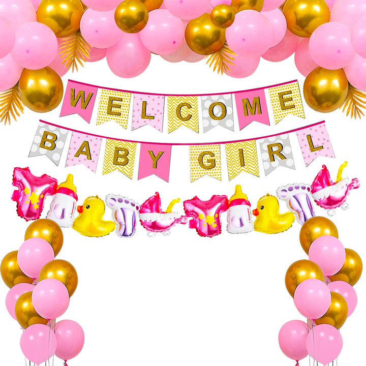 Party Propz Baby Welcome Baby Decoration - 42pcs Welcome Baby Girl Decoration | Welcome Home Decoration | Welcome Baby Banner (cardstock) | Baby Decoration Items | Pink & Golden Welcome Baby Balloons