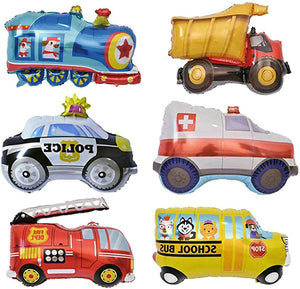 Party Propz Birthday Party Decoration Boys Vehicles Foil Balloons Train Police Car School Bus Fire Truck Ambulance for Kids Boys Birthday - Set of 6(multi)