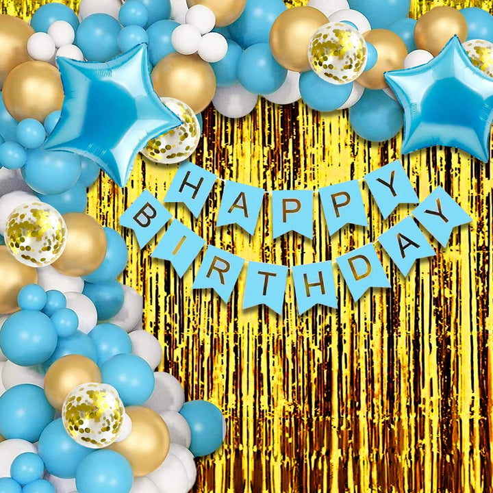 Party Propz Birthday Decoration Items-63 Pcs,Blue Birthday Decoration Items For Boy,Husband|Birthday Decorations For Boys|Confetti,Foil,Metallic Balloons For Decoration|Fringe Curtain,Balloon Pump