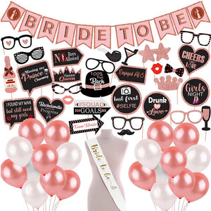 Bride To Be Decoration Set Combo – 73Pcs Rose Gold Party Kit with Sash, Props & Banner
