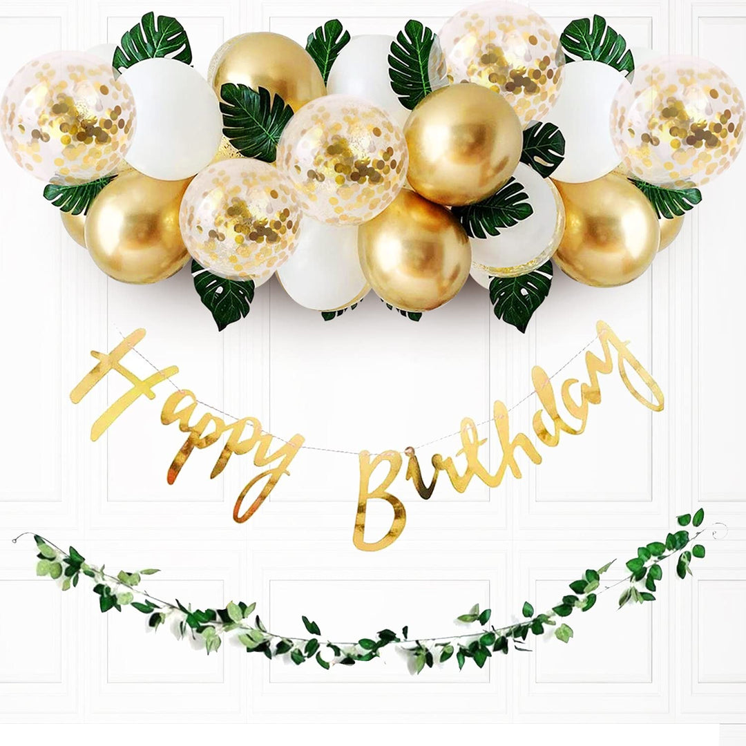 Party Propz Golden Birthday Decoration Items - 36Pcs Happy Birthday Decoration Kit With Golden Balloons & Artificial Leaves | Golden Confetti Balloons for Birthday | Happy Birthday Banner (Cardstock)