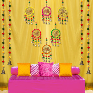 Party Propz Haldi Decoration Items for Marriage -Set of 18pcs Pom Pom Hangings for Decoration, With Yellow Backdrop Cloth for Decoration | Latkan for Home Decoration | Mehndi Decoration Items for Home