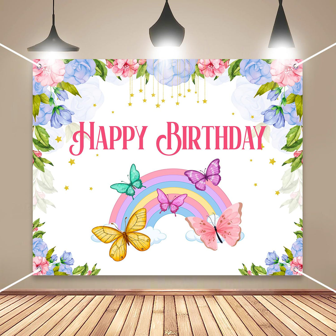 Party Propz Happy Birthday Butterfly Backdrop Banner - Backdrop for Decoration (4x5 Ft) | Birthday Decoration Items | Butterfly Theme Birthday Party Decorations | Happy Birthday Banner