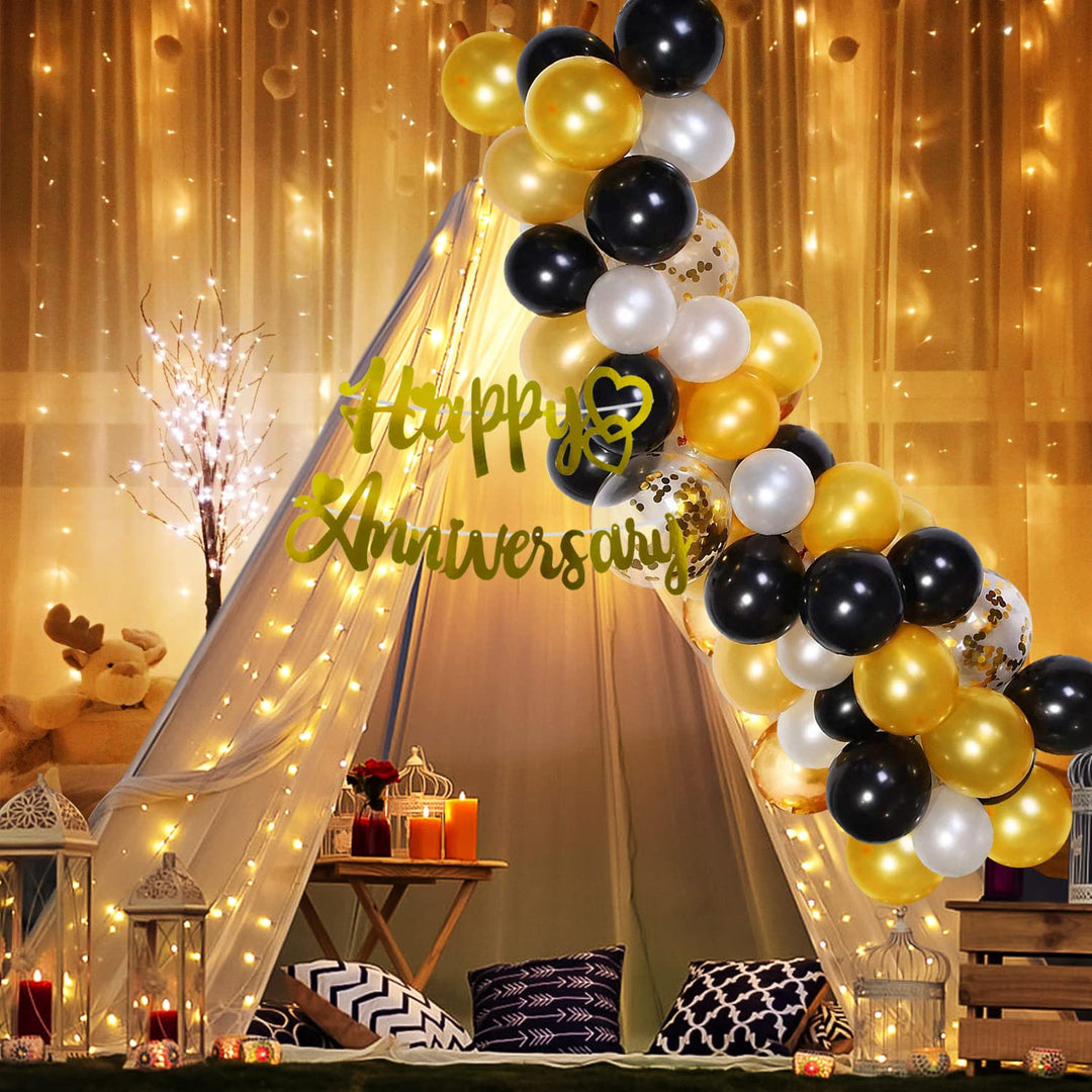 Party Propz Happy Anniversary Decoration Items Kit-26Pcs Canopy Tent For Decoration|Black And Golden Balloons For Anniversary|Anniversary Tent Decoration Set|Happy Anniversary Banner
