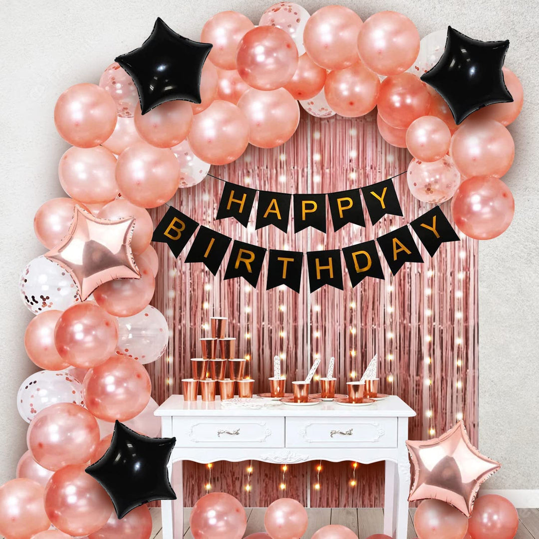 Party Propz Rose Gold Birthday Decoration Kit-Set Of 69 Pcs Happy Birthday Decoration Items|Happy Birthday Confetti Rubber Balloons|Birthday Decoration For Wife|Happy Birthday Black Banner(Cardstock)