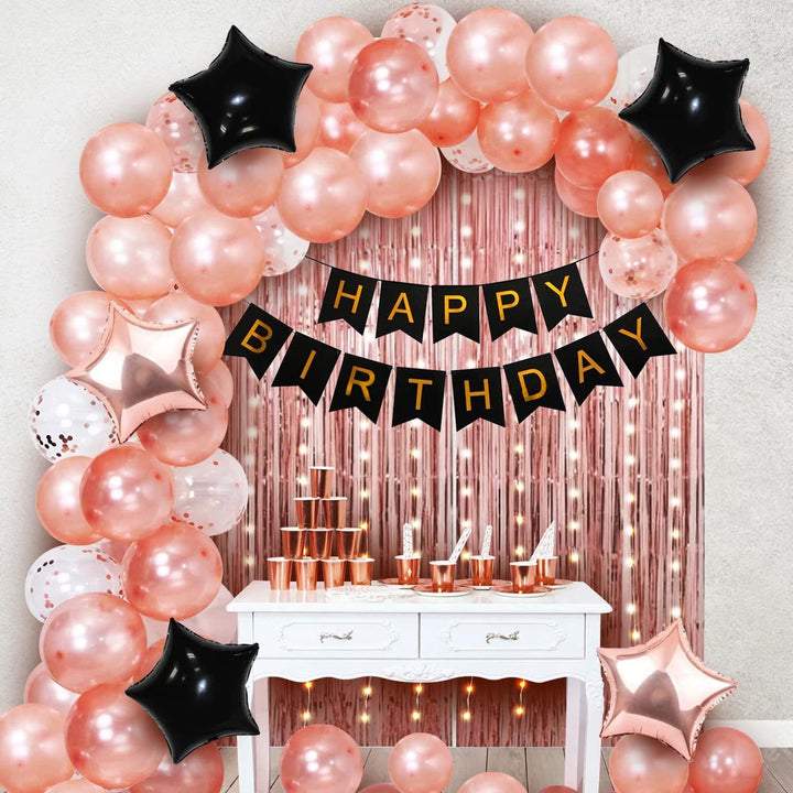 Party Propz Rose Gold Birthday Decoration Kit-Set Of 69 Pcs Happy Birthday Decoration Items|Happy Birthday Confetti Rubber Balloons|Birthday Decoration For Wife|Happy Birthday Black Banner(Cardstock)