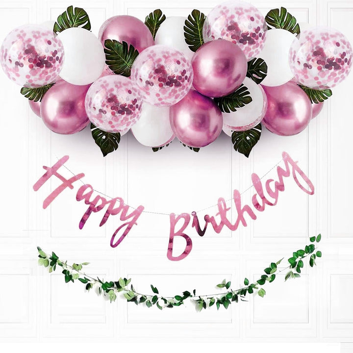 Party Propz Pink Birthday Decoration Items - 37 Pcs Happy Birthday Decorations Kit With Balloons & Artificial Leaves | Pink Confetti Balloons for Birthday | Birthday Banner for Decorations (Cardstock)