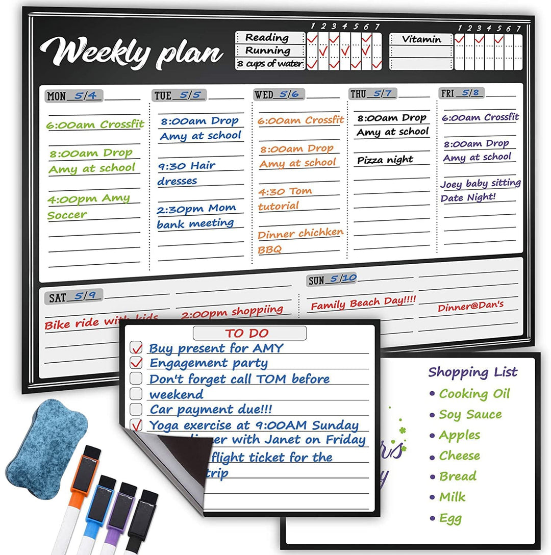 Party Propz Large Magnetic Board For Fridge With Pen-Magnetic Dry Erase Whiteboard Weekly Planner For Fridge- 1 Large Weekly Calendar 2 Notes/To Do/Grocery Boards Set 4 Magetnic