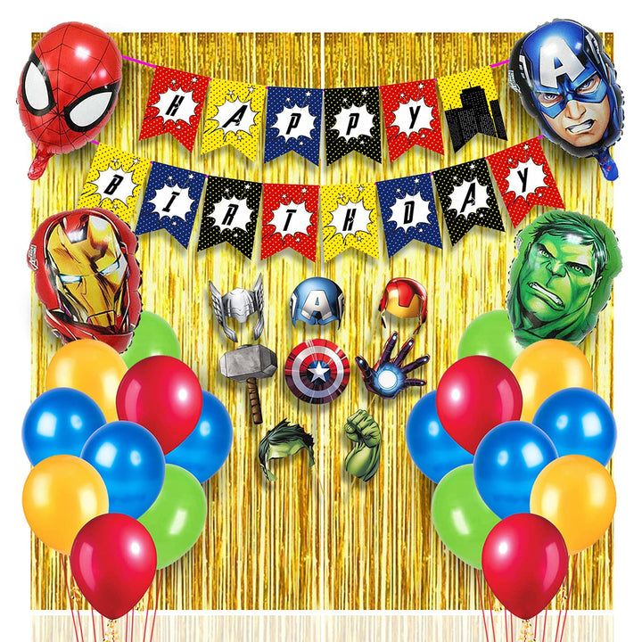 Party Propz Super Hero Theme Birthday Decoration combo Kit - 35pcs Including Super Hero Theme Happy Bithday Banner, Foil curtain, Super Hero Foil Balloons, Super Hero Theme Photobooth & 20pcs Balloons