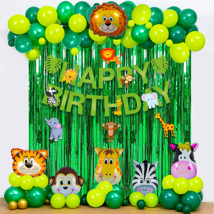 Party Propz Jungle Theme Birthday Decoration-63Pcs, Items For Girl,Boy|Animal Theme Birthday Party Decorations|Jungle Safari Theme Birthday Decoration With Banner(Cardstock)Metallic,Foil Balloons