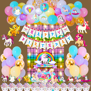 Party Propz Unicorn Theme Birthday Decorations Items Combo Set - 73Pcs Kit with Banner, Cake Topper,Curtains, Pastel Balloons - Happy Birthday Decoration Kit For Girls / Unicorn Birthday Decorations