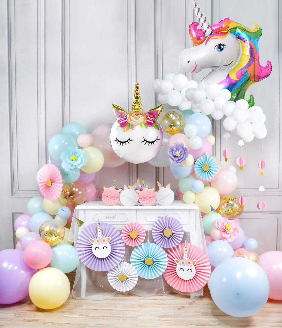 Party Propz Unicorn Theme Birthday Decorations - Set of 91 Pcs Unicorn Decoration for Birthday Girls | Unicorn Head Balloons | Gold Confetti Balloons for Birthday Decoration | Paper Fan Decoration Set