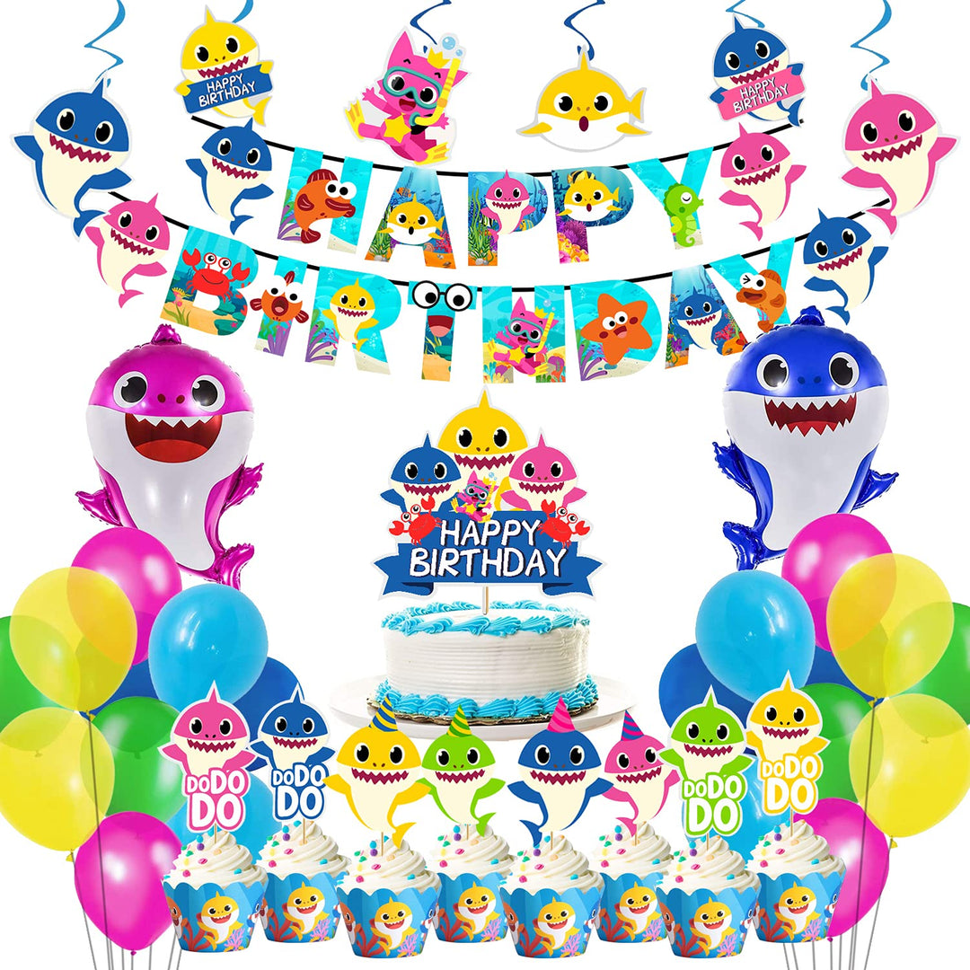 Party Propz Baby Shark Theme Birthday Decorations - 60Pcs Combo Set | Shark Theme Happy Birthday Banner | Shark Balloons | Cake Toppers For Cake Decoration | Swirls | Baby Shark Birthday Decorations