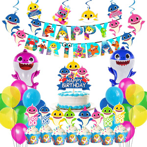 Party Propz Baby Shark Theme Birthday Decorations - 60Pcs Combo Set | Shark Theme Happy Birthday Banner | Shark Balloons | Cake Toppers For Cake Decoration | Swirls | Baby Shark Birthday Decorations