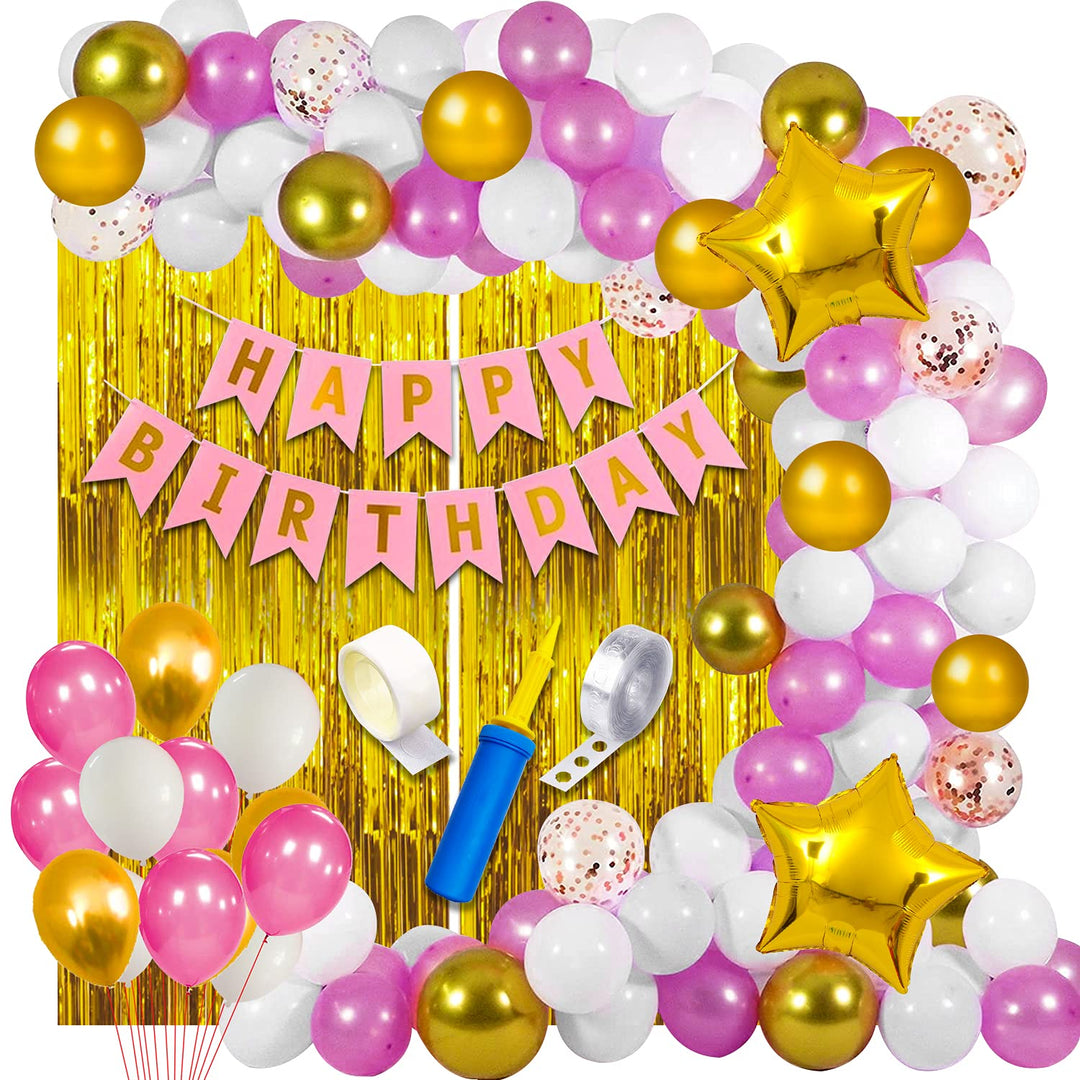 Party Propz Pink Happy Birthday Decoration Kit for Girls 63pcs Combo Set Banner Golden Foil Curtain Balloon Metallic Confetti Girls Birthday Decoration Items / Kids Birthday Decoration Items