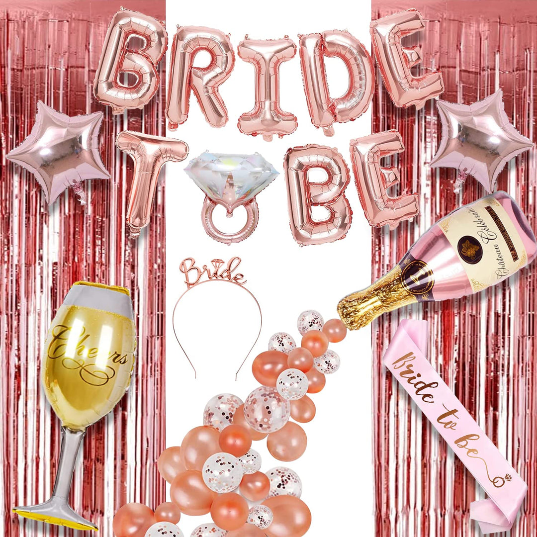 Party Propz Bachelorette Party Decorations - 34pcs Bride To Be Decoration Set Combo | Bride To Be Foil Balloon Banner | Bride To Be Sash And Crown | Rose Gold Metallic Balloons | Bride To Be Props