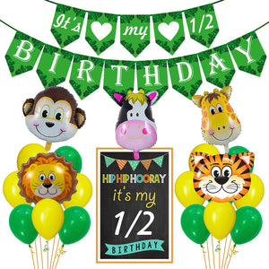 Party Propz Jungle Theme Half Birthday Decorations Combo Set Hawaiian Animals Safari Forest Half Birthday Bunting, Balloons, Foil Balloons, Half Birthday Board For Boys (Green) - 36 Pieces